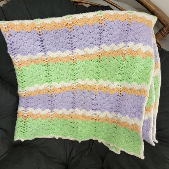 VNTG Hndmd Crocheted Knit Striped Blanket - Picture 5 of 15